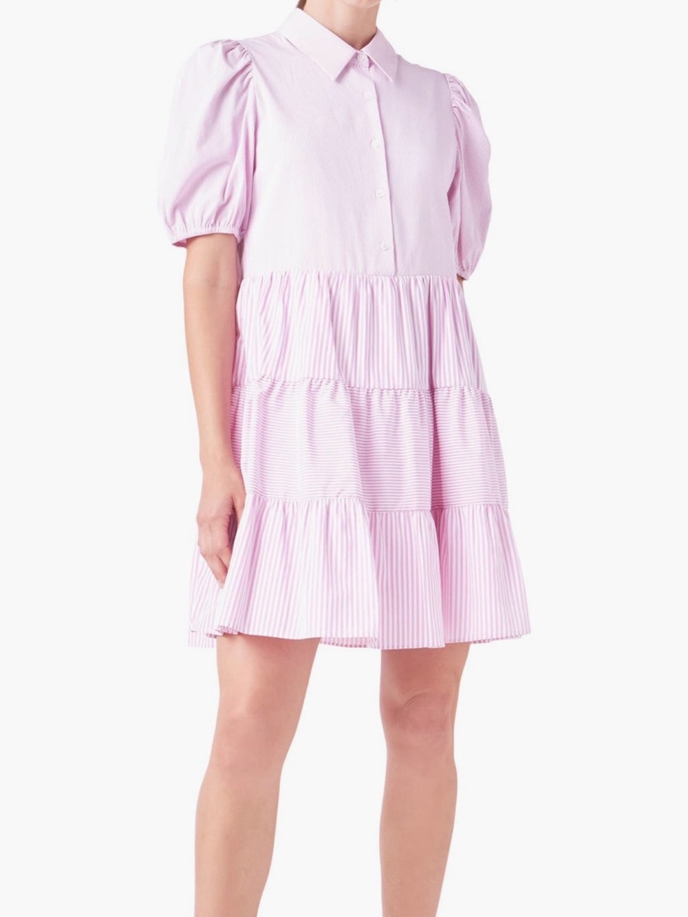 English Factory Pink White Stripe Tiered Puff Sleeve Dress Large